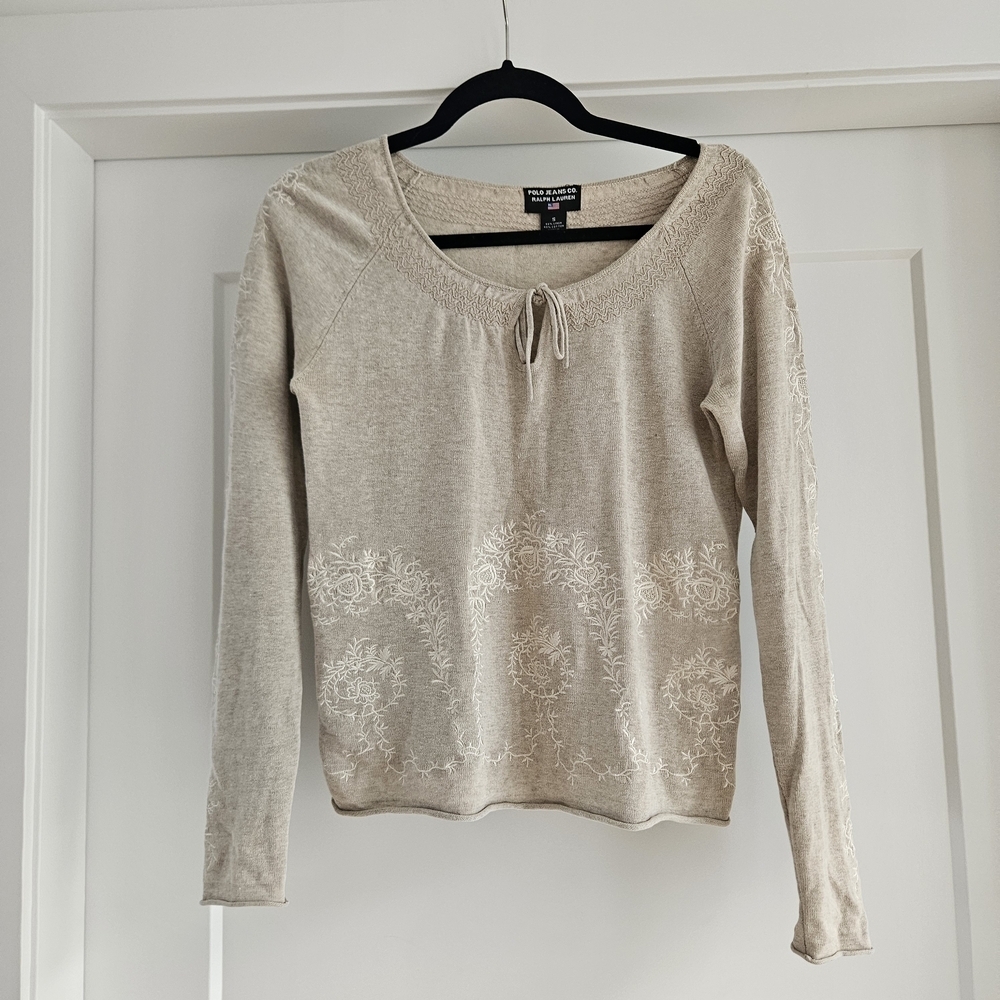 Polo Ralph Lauren Beige Embroidered Long Sleeve Sweater Linen Cotton